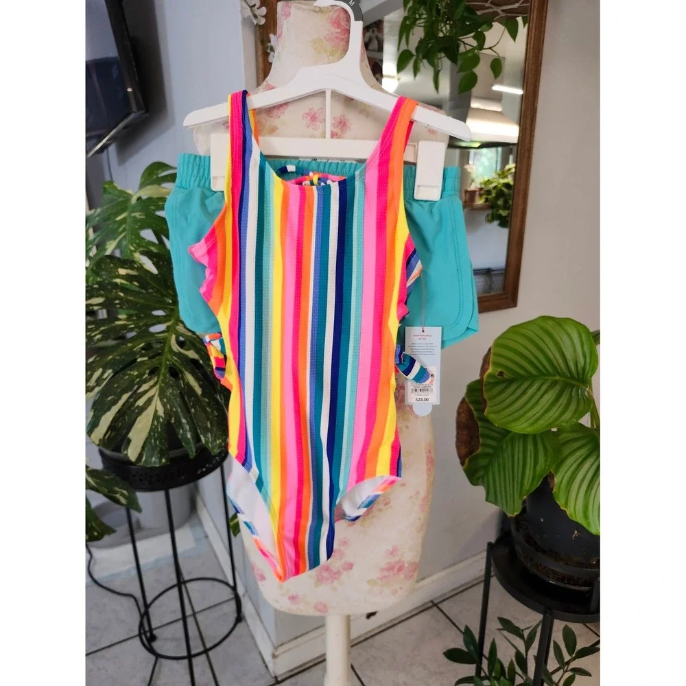 Cat & Jack Rainbow Stripe‎ One-Piece Swimsuit - Neon Pink, Yellow, Blue